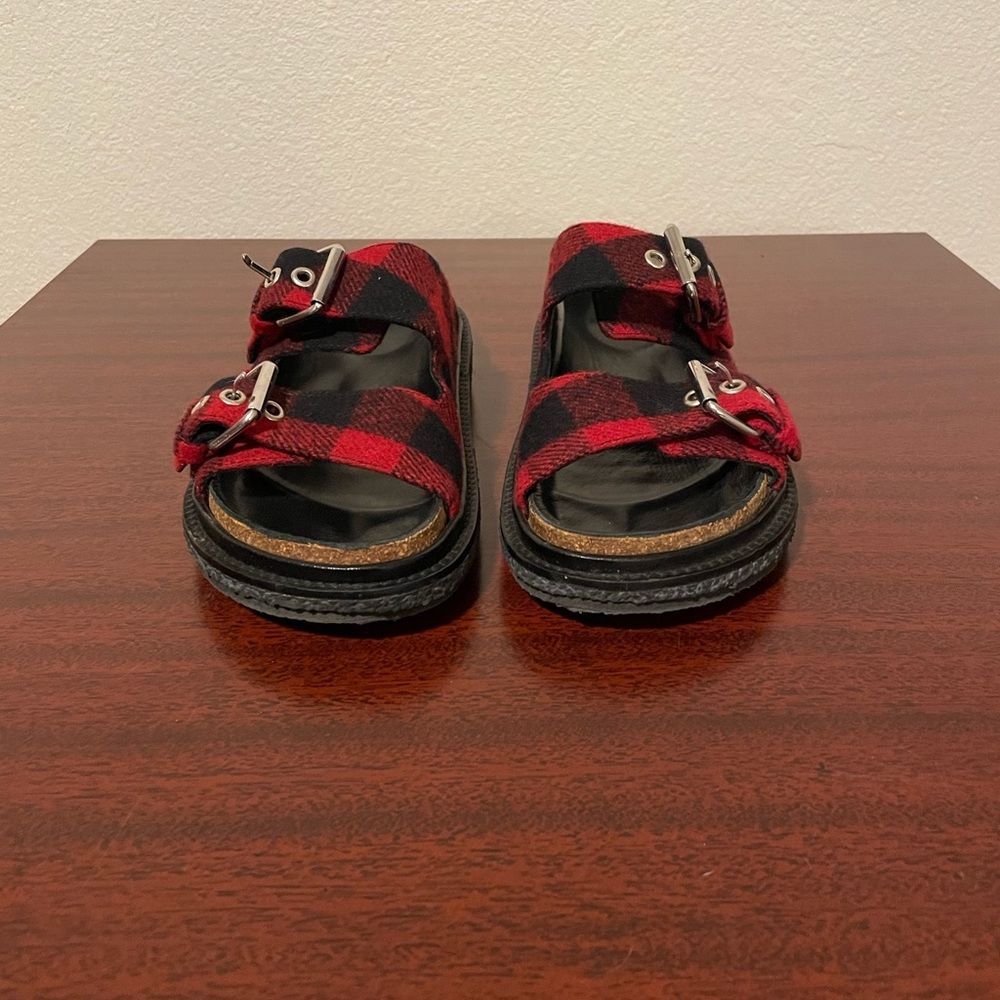 Isabel Marant Ledkin Plaid Red Wool Leather Slides